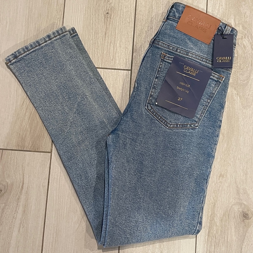 CAVALLI CLASS High Rise 5-pocket Straight Leg Jeans,  Medium Wash, Size 27
